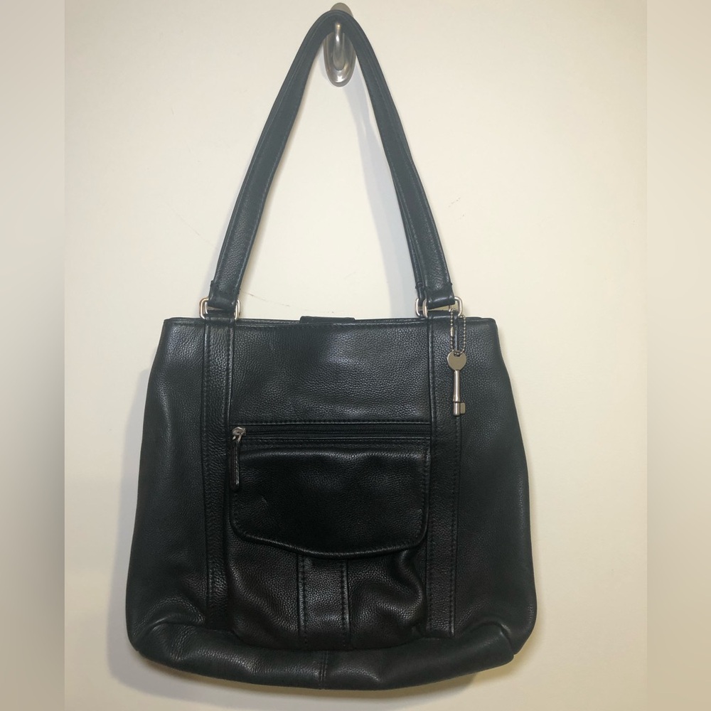 VINTAGE FOSSIL 1954 PEBBLED BLACK LEATHER SHOULDER BAG, #75082, LIKE NEW